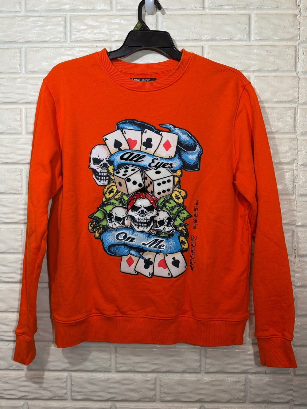 ROKU Studio Skull Dice Playing Cards Textured Graphic Sweatshirt Orange XL